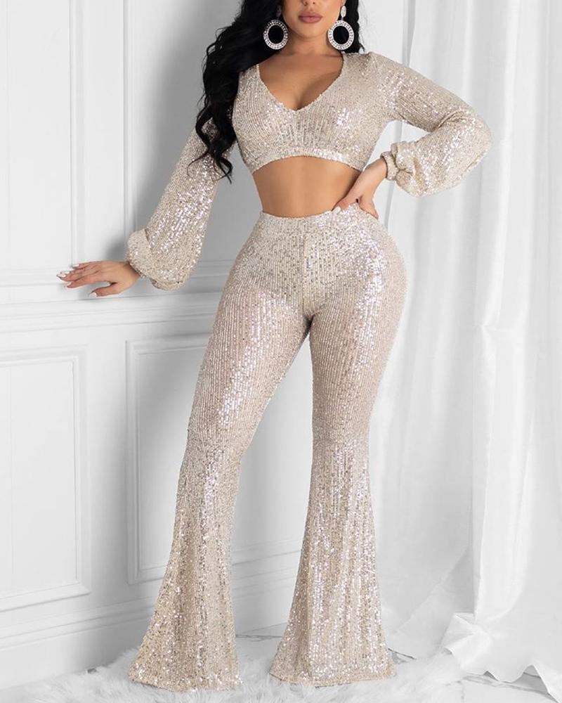 

Sequined Two-Piece Jumpsuit, Champagne