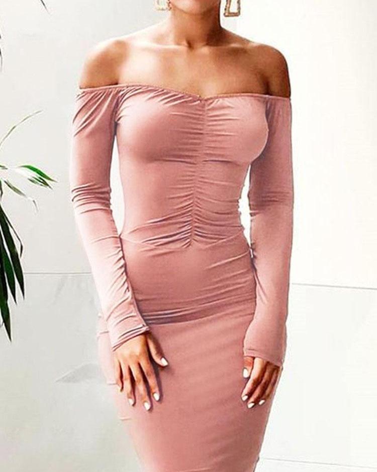 

Off Shoulder Ruched Detail Bodycon Dress, Pink