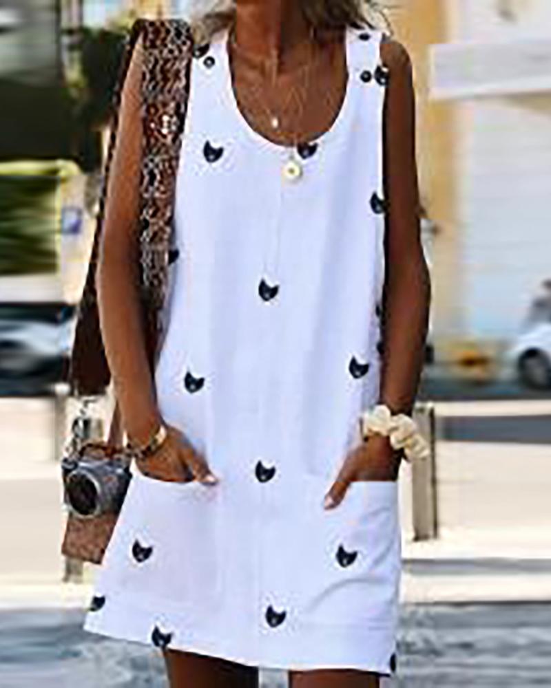 

Print button strap dress, White
