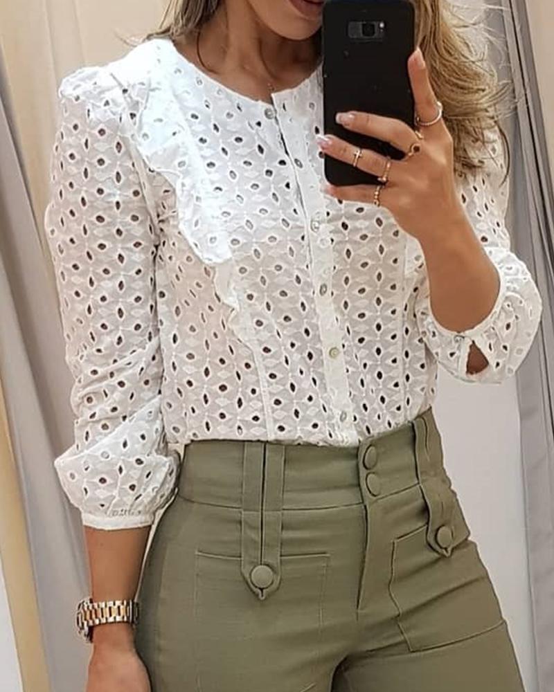 

Long Sleeve Perforated Ruffle Top, White