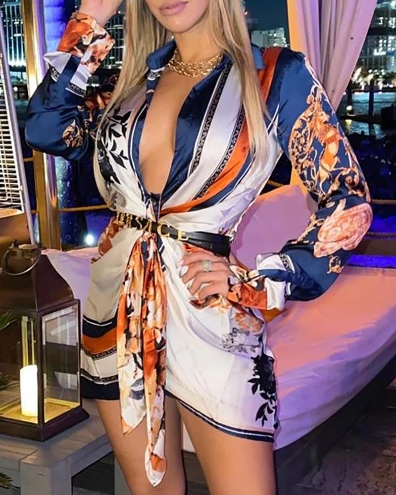 

Scarf Print Button Design Tie Front Shirt Dress, Multicolor