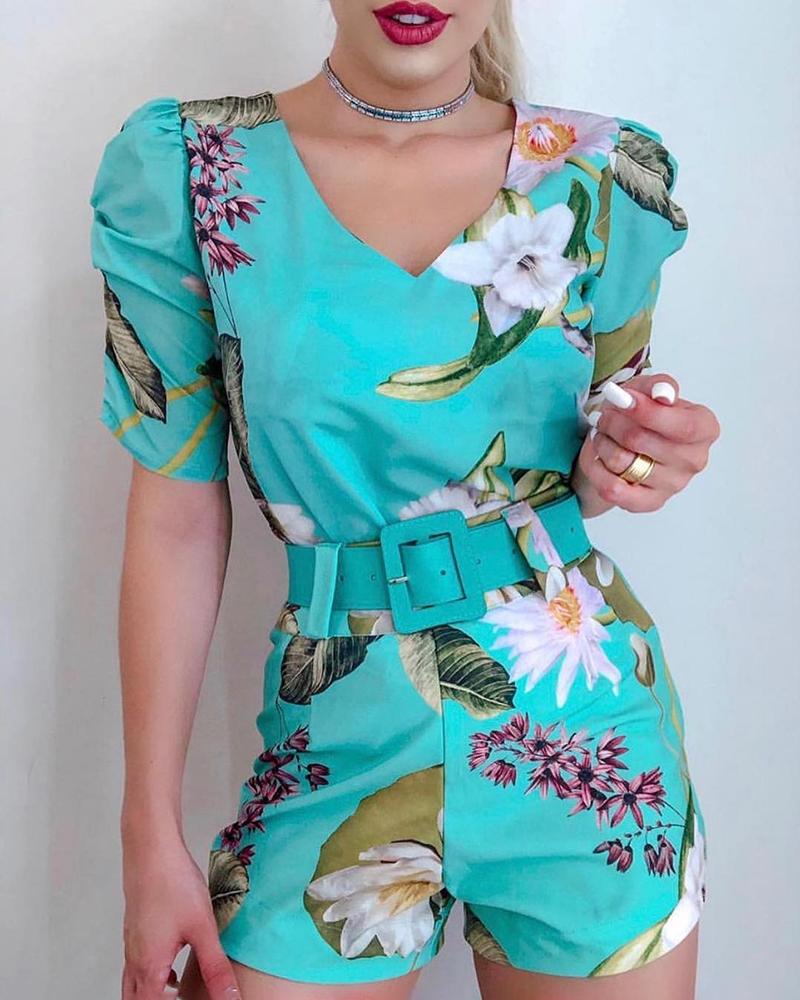 

Tropical Print Short Sleeve Romper, Green