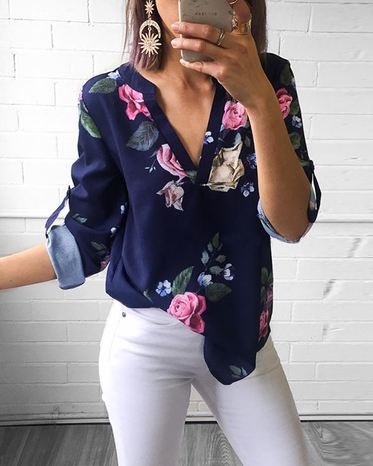 

Floral V-Neck Roll-up Sleeve Covered Hem Blouse, Dark blue