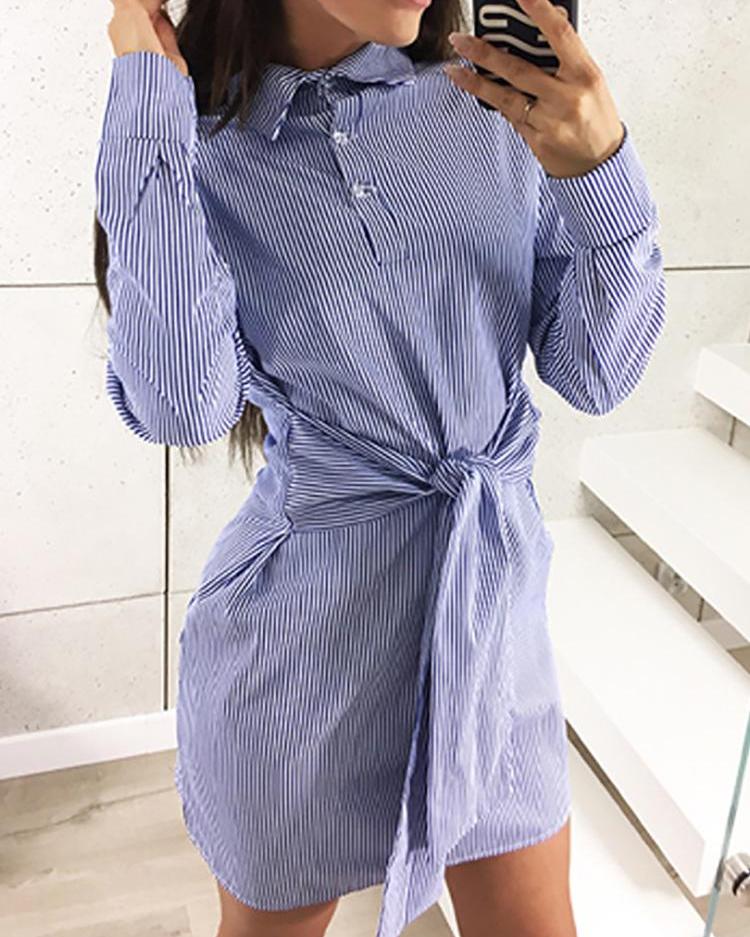 

Pinstripes Long Sleeve Tie Waist Shirt Dress, Blue