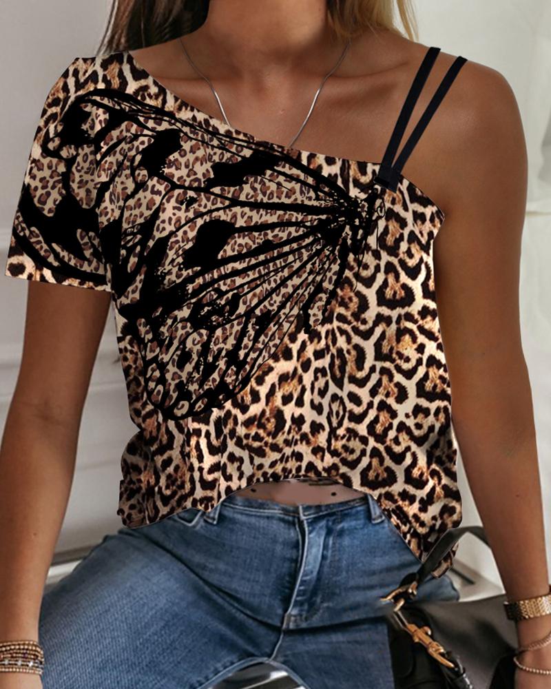 

One Shoulder Butterfly Cheetah Print Casual T-shirt, Leopard