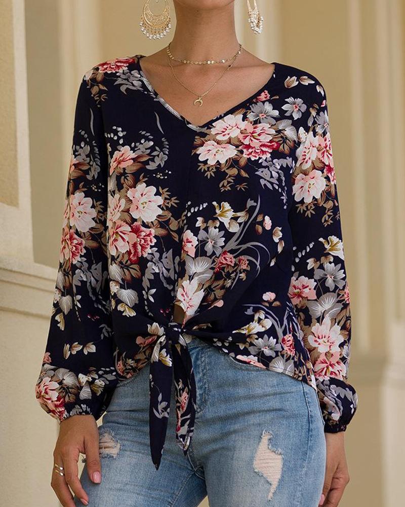 

V Neck Floral Print Top, Blue