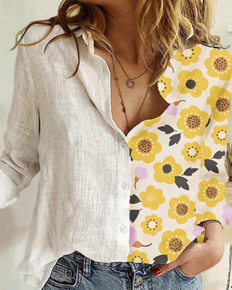 

Cat Sunflower Print Button Design Shirt, Yellow