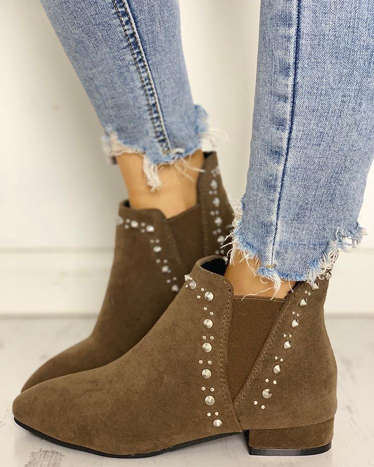 

Suede Pointed Toe Rivet Embellished Boot, Khaki