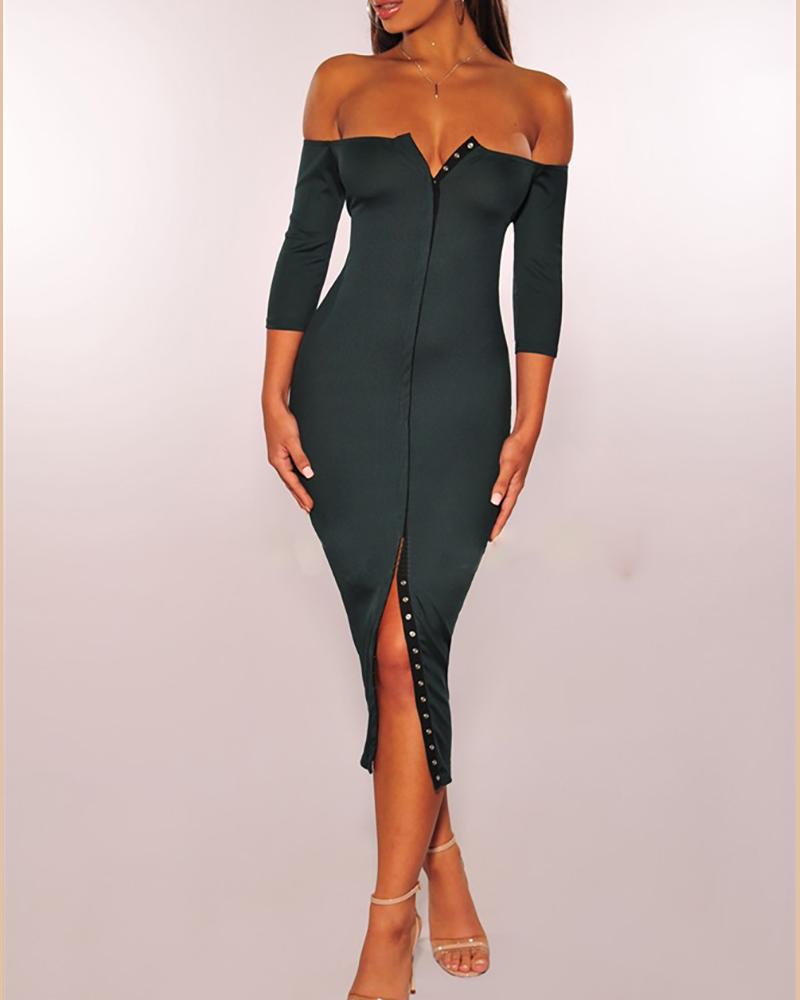 

Solid Buttoned Design Off Shoulder Slit Dress