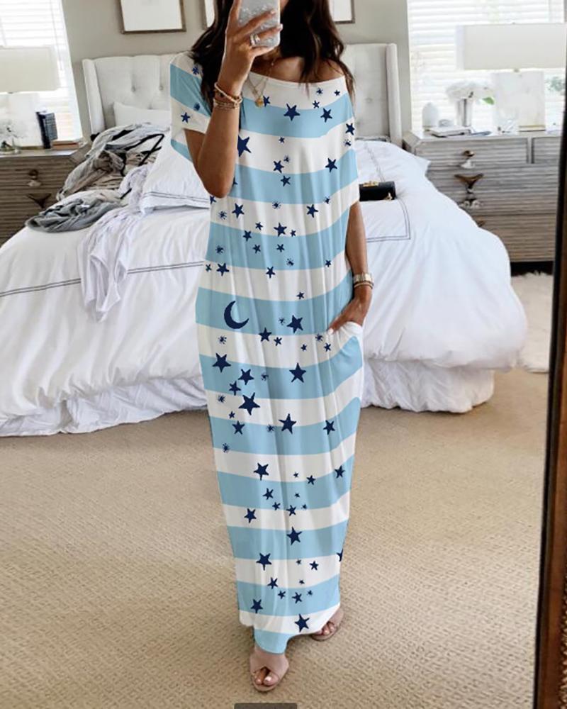 

Striped Star Moon Print Casual Dress, Light blue