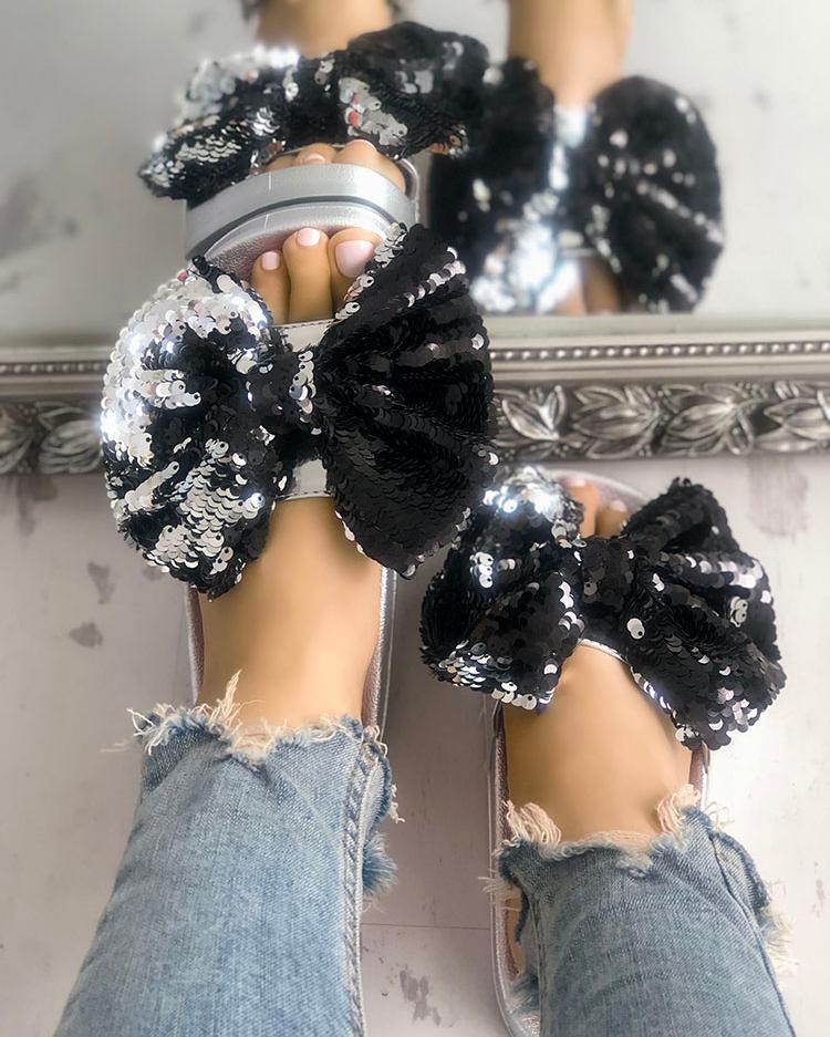 

Sequins Embellished Bowknot Flat Sandals, Silver