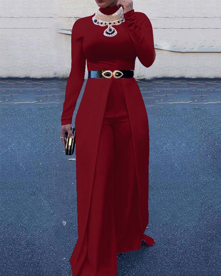 

Women High Neck Wide Leg Jumpsuit, Wine red