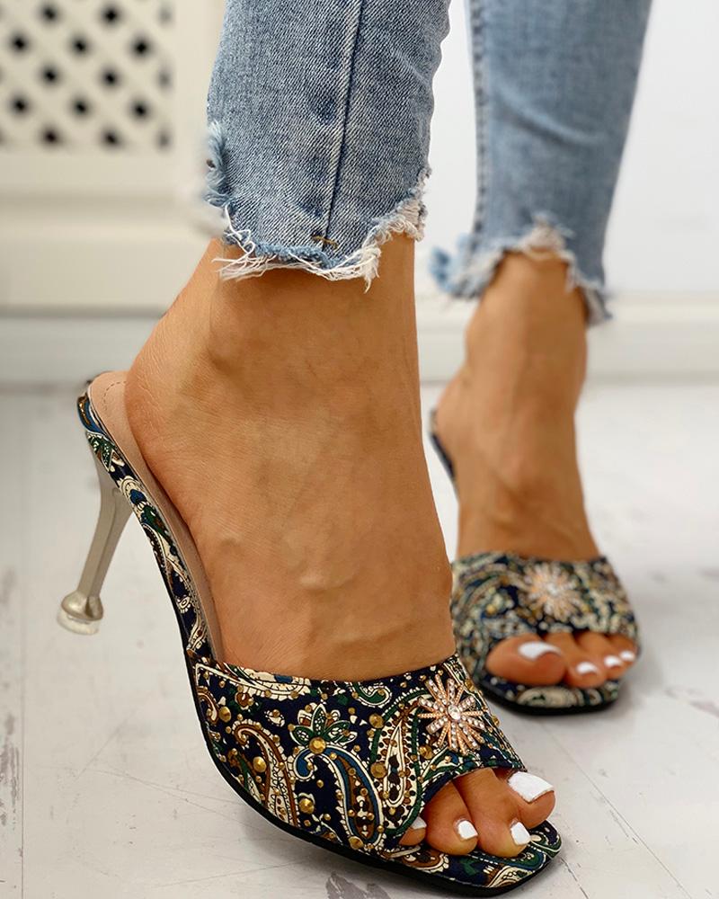 

Ethnic Print Studded Detail Thin Heels, Green