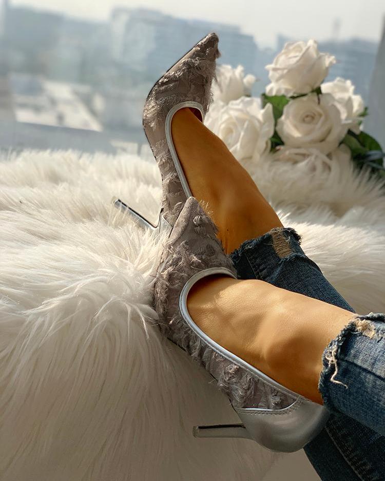 

Fluffy & Mesh Pointed Toe Heels, Gray