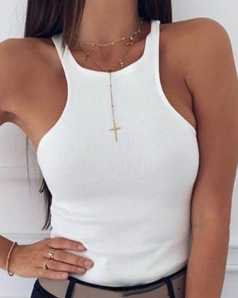 

Solid Round Neck Sleeveless Casual Top, White