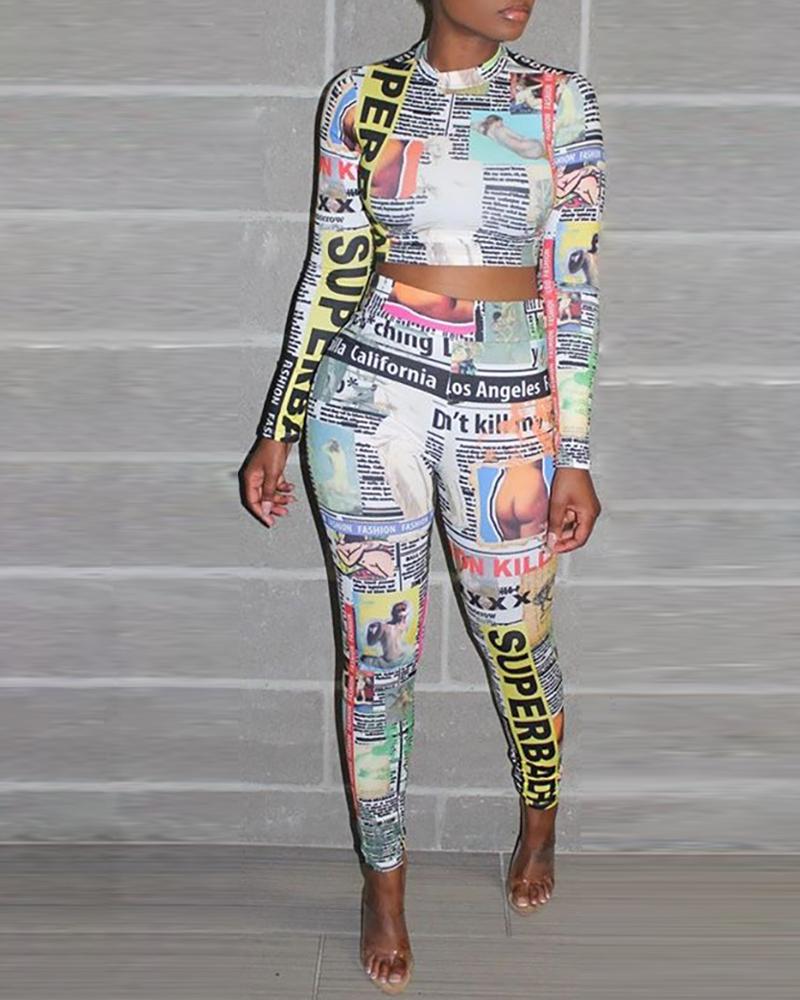 

Newspaper Print Crop Top & Pants Sets, White