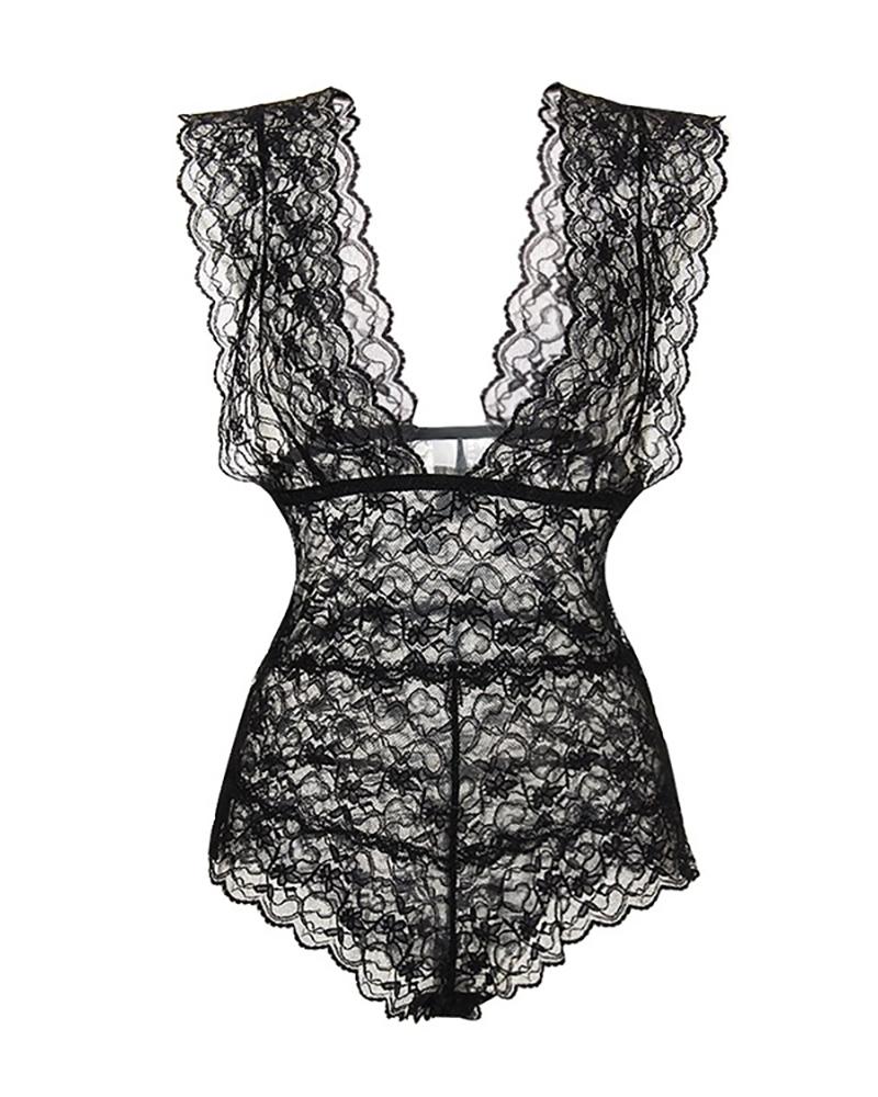 

Crochet Lace Shere Mesh Teddy, Black