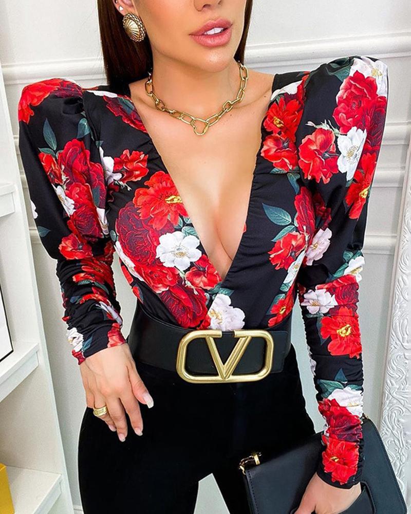 

Floral Print Long Sleeve Skinny Bodysuit, Red