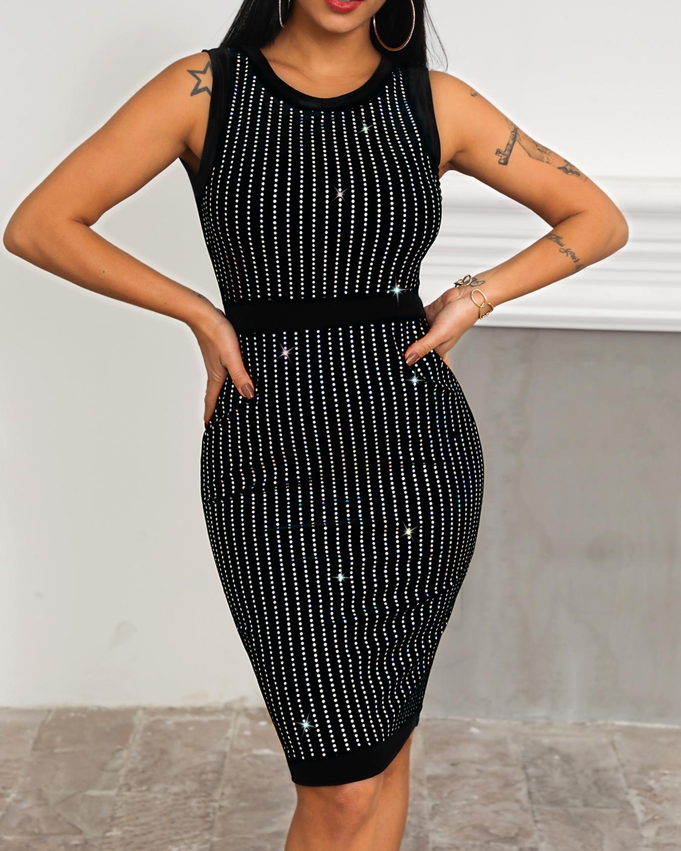 

Stripes Hot Drilling Party Dress, Black