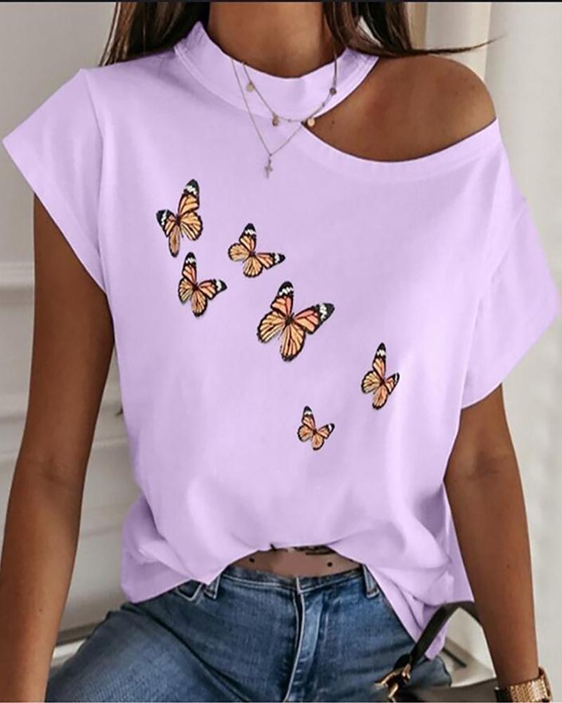 

Butterfly Print One Shoulder Casual T-shirt, Purple