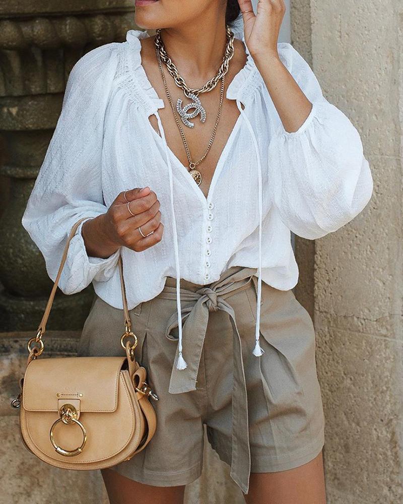 

V Neck Lantern Sleeve Casual Blouse