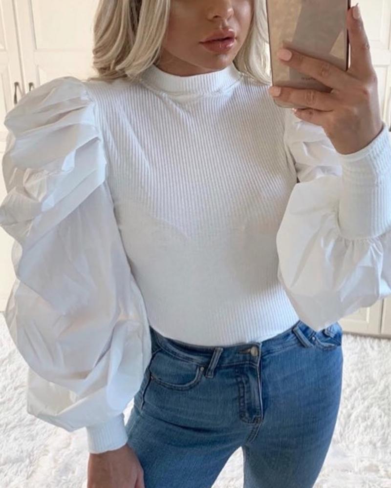 

Long Balloon Sleeve Ribbed Top, White