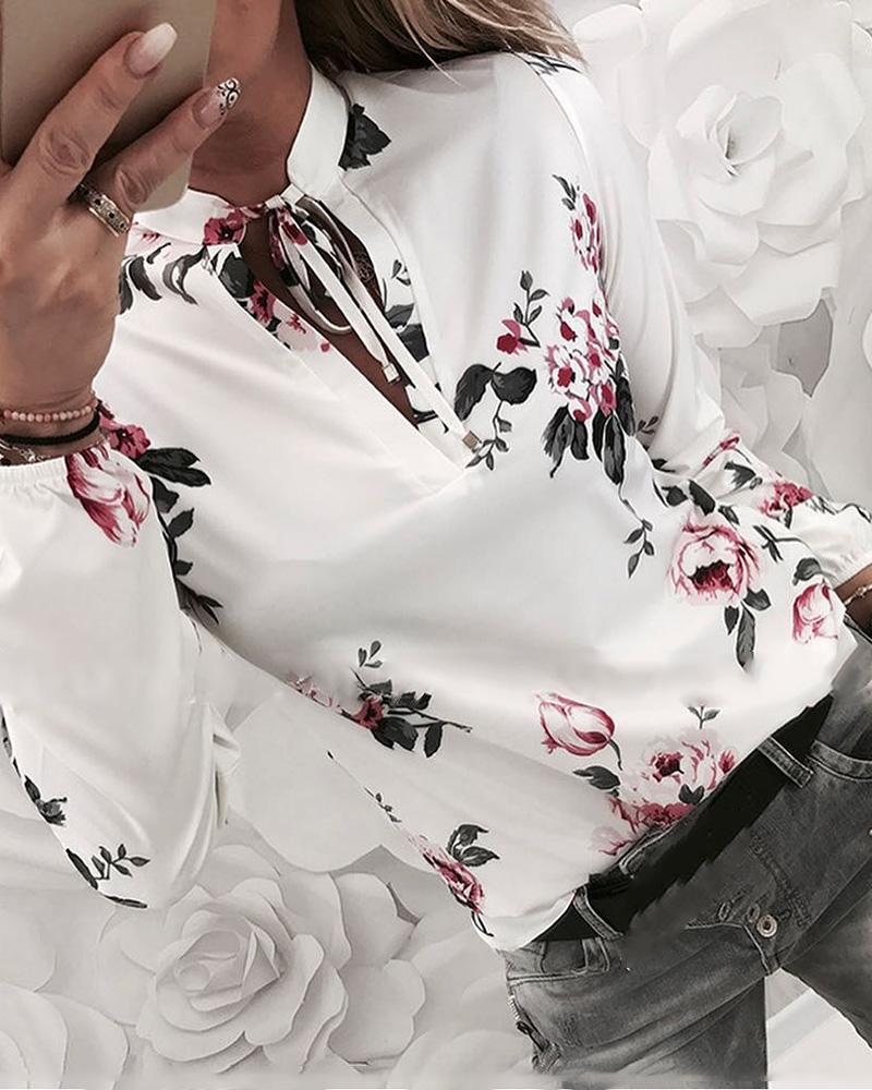 

Tied Neck Floral Print Casual Blouse, White