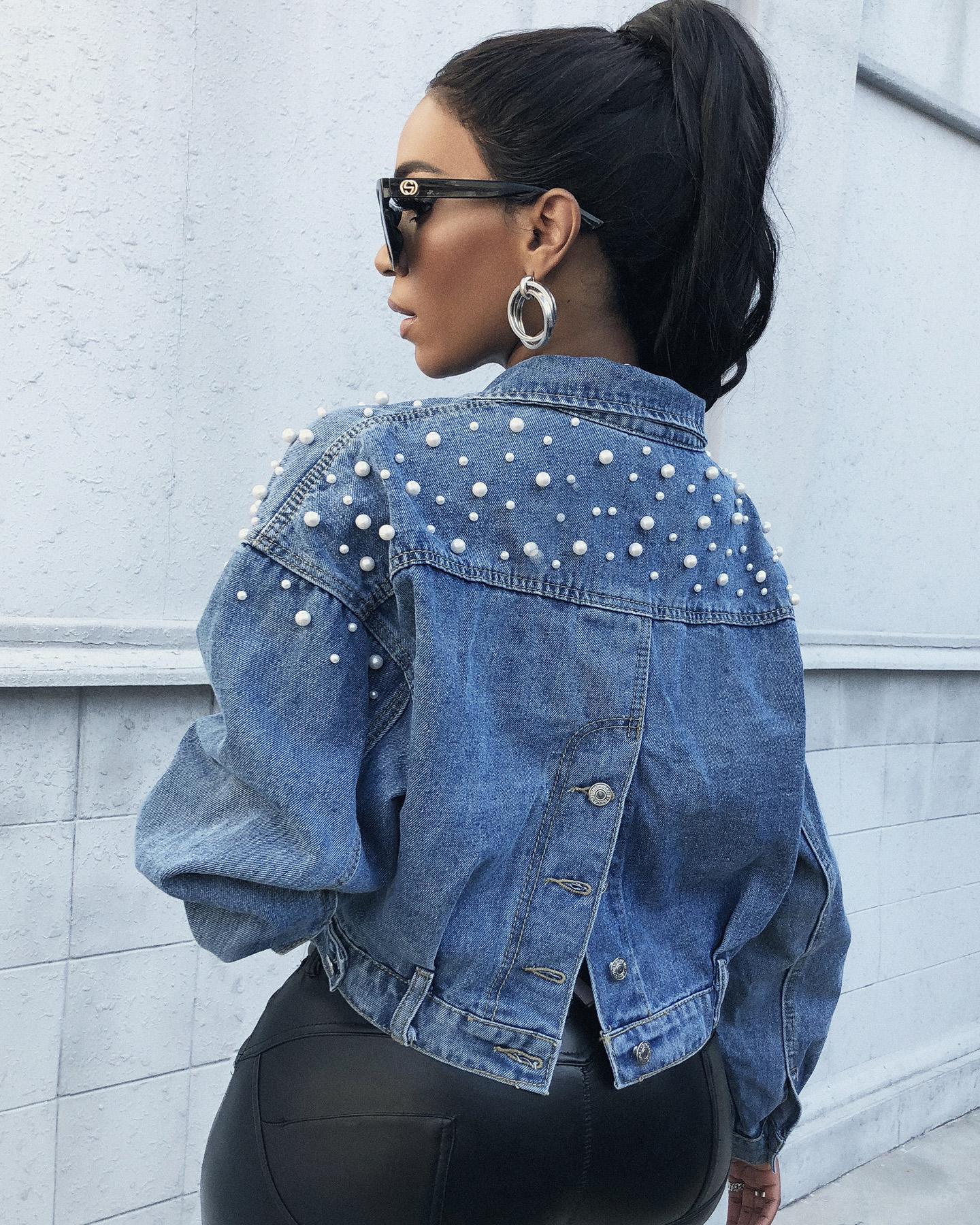 

Beaded Long Sleeve Denim Jacket, Blue