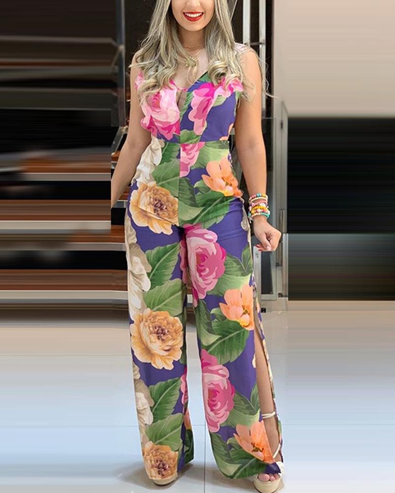 

Backless Floral Slit Leg Jumpsuit, Multicolor