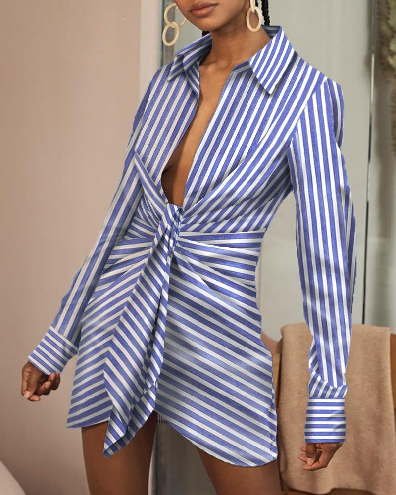 

Striped Ruched Knotted Waist Shirt Dress, Blue