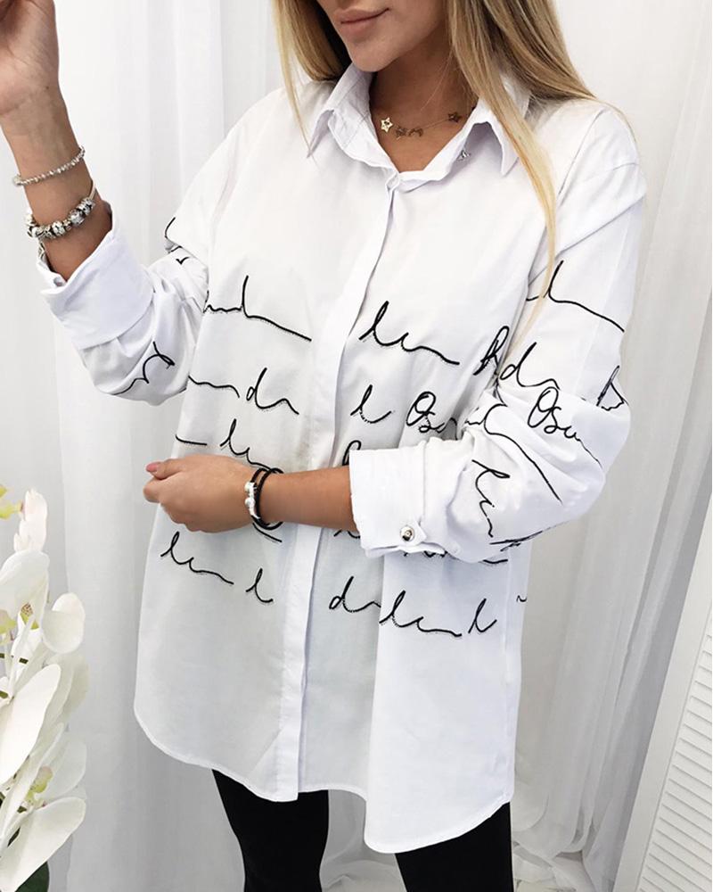 

Letter Print Long Sleeve Casual Shirt, White