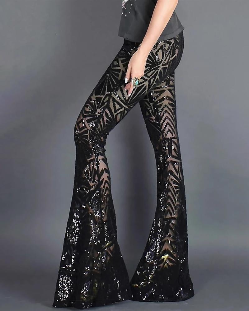 

Glitter High Waist Bell-bottomed Sequins Pants, Black