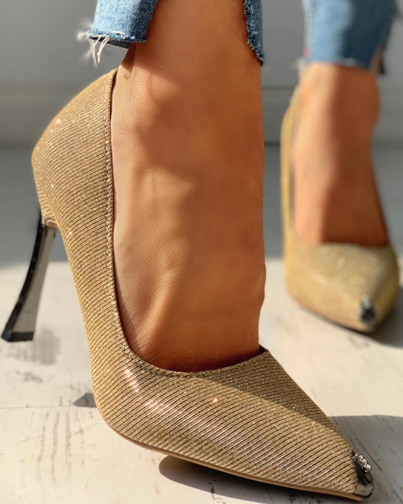 

Glitter Pointed Toe Thin Heels, Gold