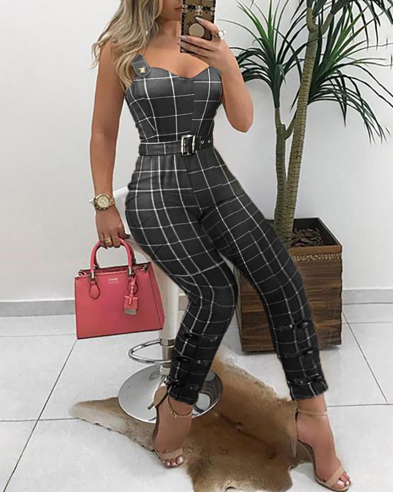 

Thin Strap Grid Buttoned Design Jumpsuit, Black