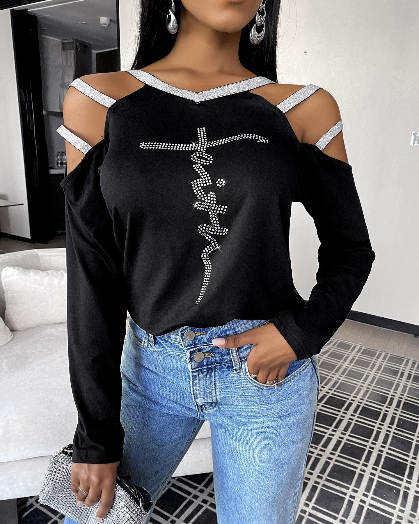 

Cold Shoulder Rhinestone Ladder Cutout T-shirt, Black