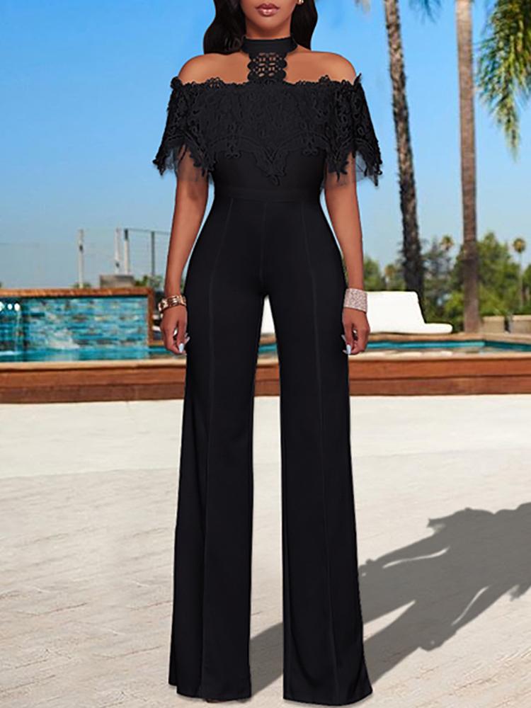 

Lace Ruffled Choker Flared Jumpsuits, White