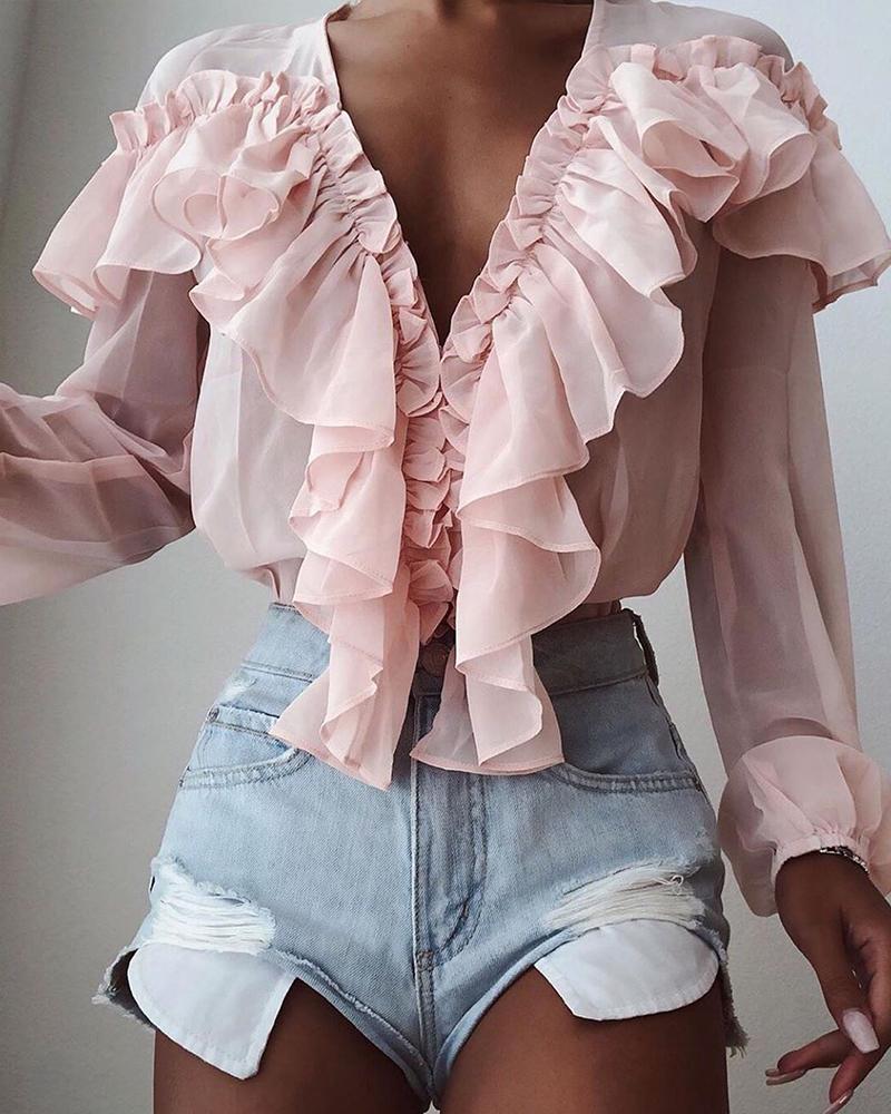 

Solid Color V-Neck Ruffle Trim Blouse, Pink