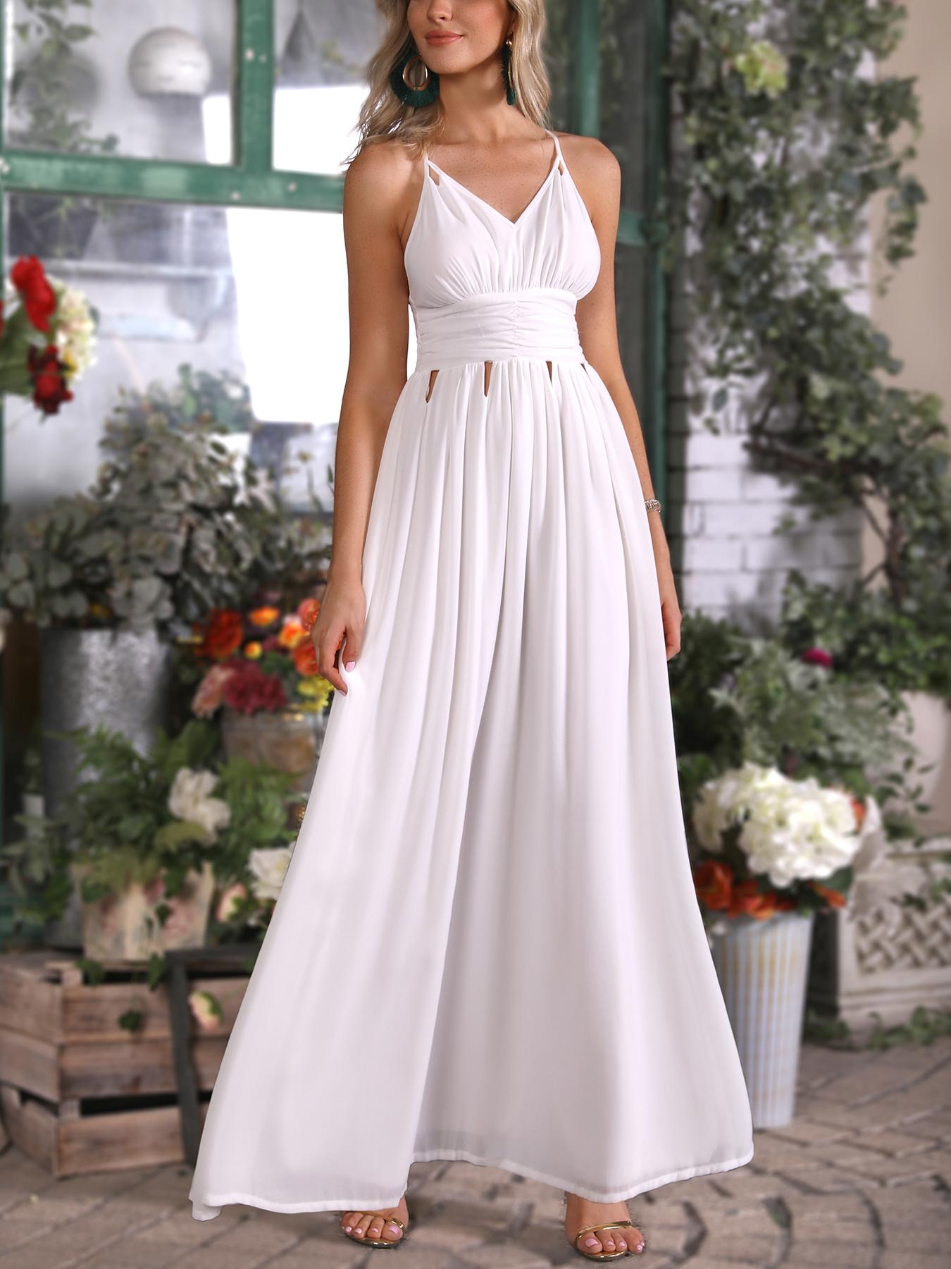 

Solid Cutout Ruched Waist Slip Maxi Dress, White