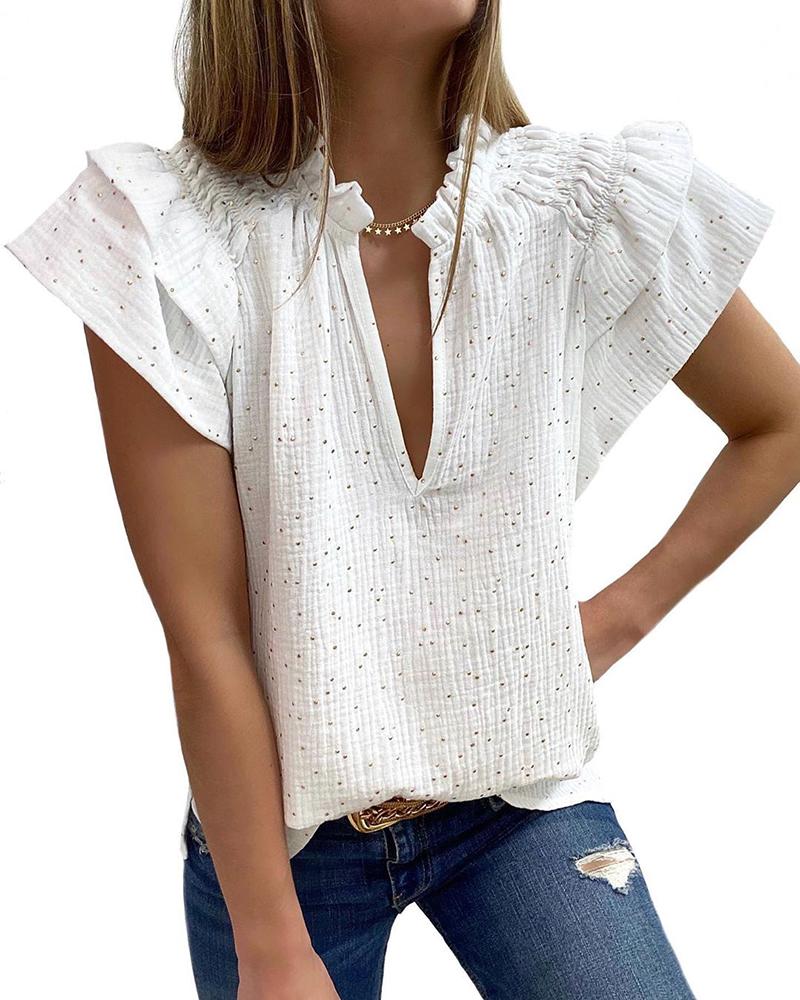 

Studded Ruffles Sleeve Shirring Design Ruched Blouse, White