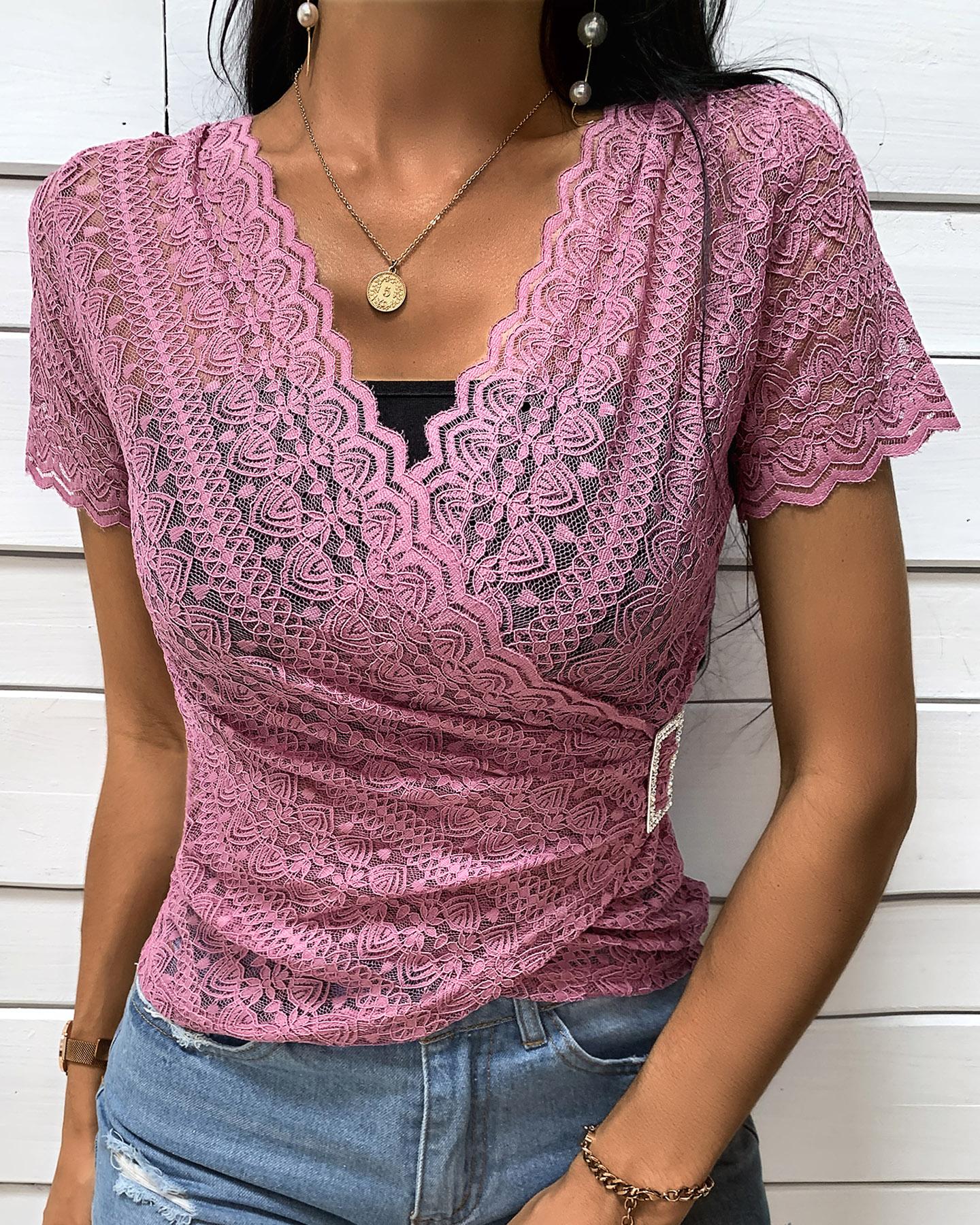

Rhinestone Square Buckle Wave Trim Lace Wrap Top, Red