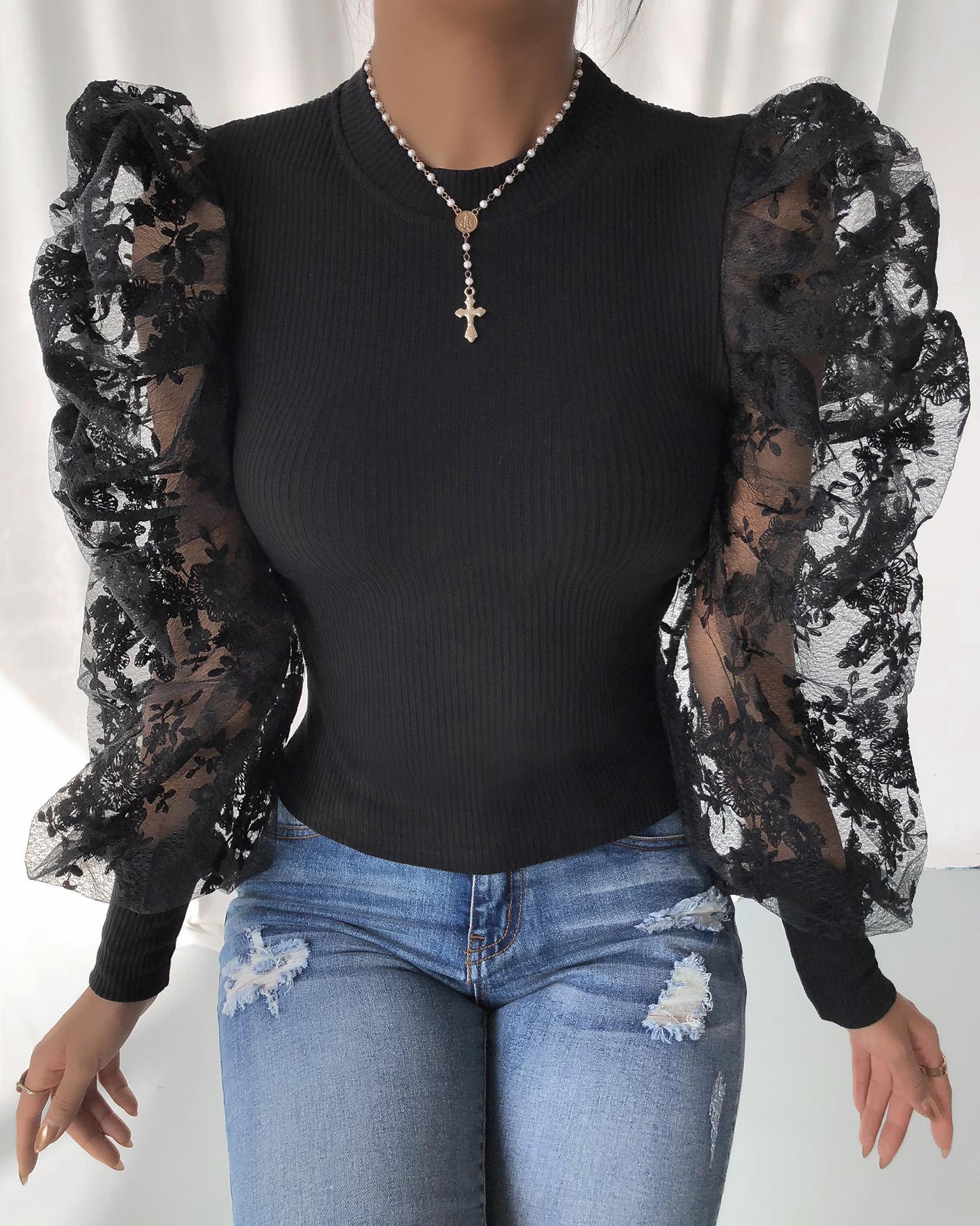 

Sheer Mesh Lace Puffed Sleeve Top, Black
