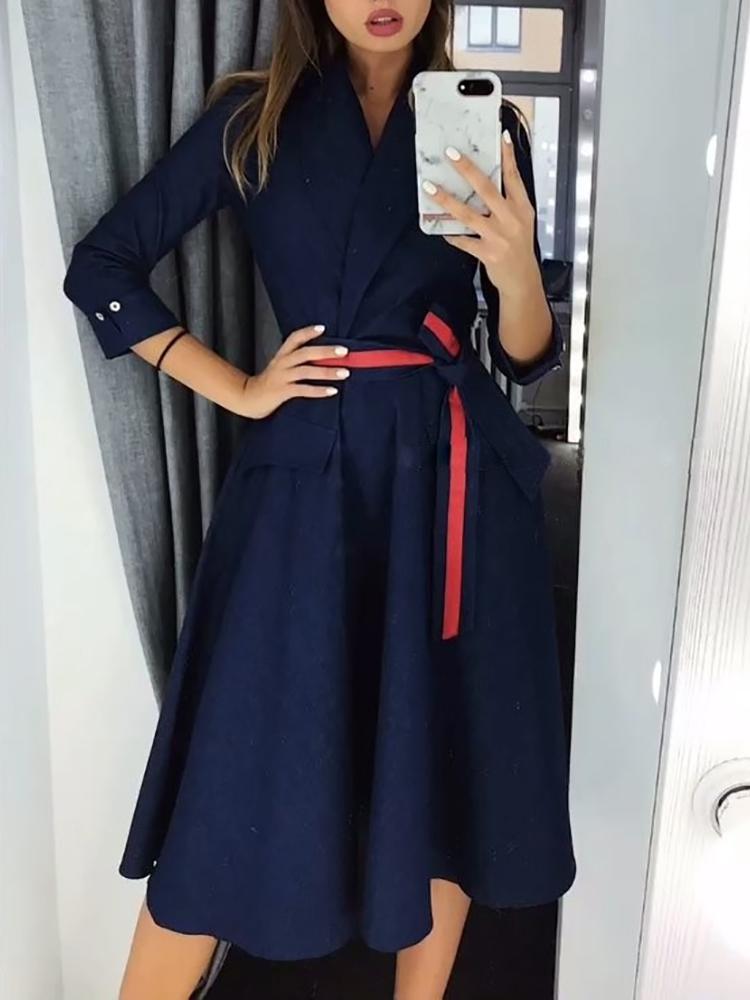 

Long Sleeve Striped Belted Casual Dress