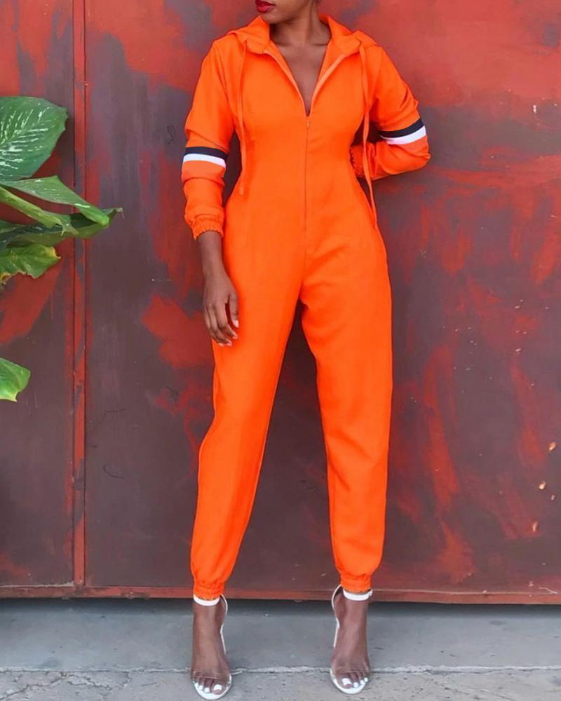 

Colorblock Zipper Design Hooded Jumpsuit, Orange