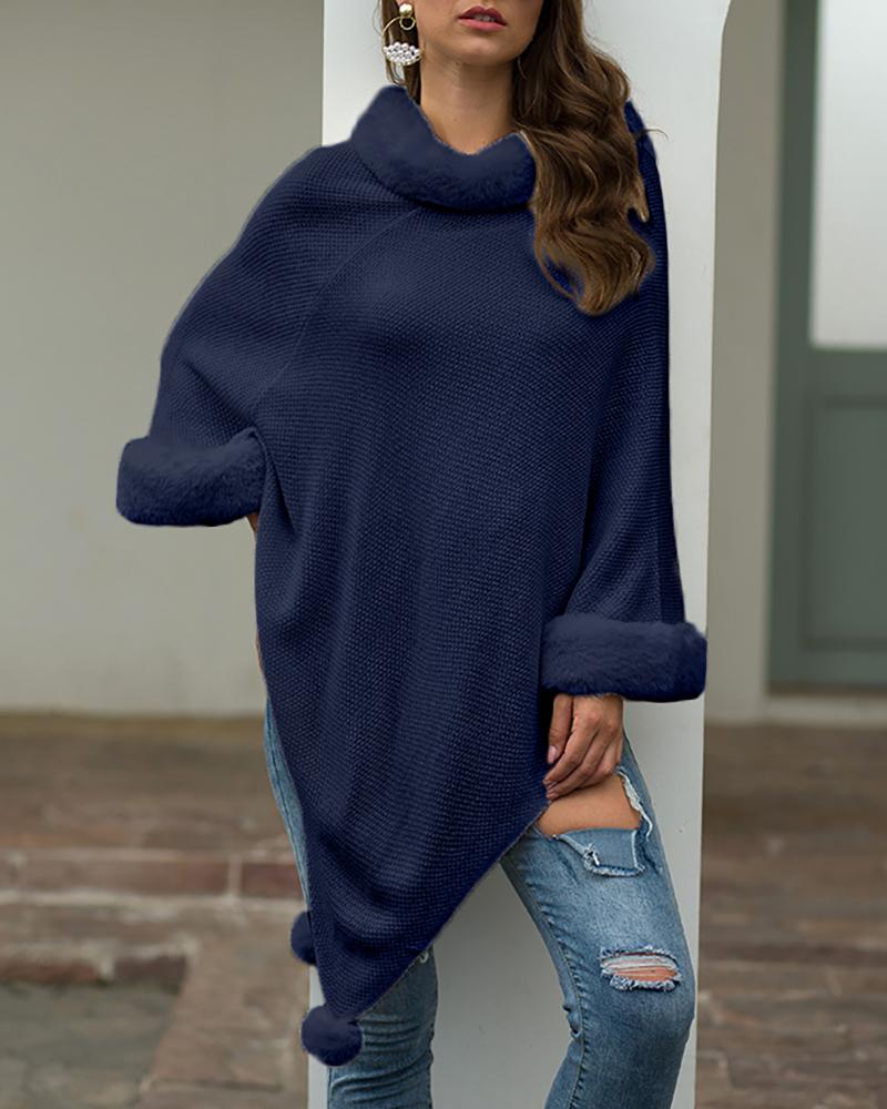 

Mock Neck Pom Pom Cape Sweater, Dark blue