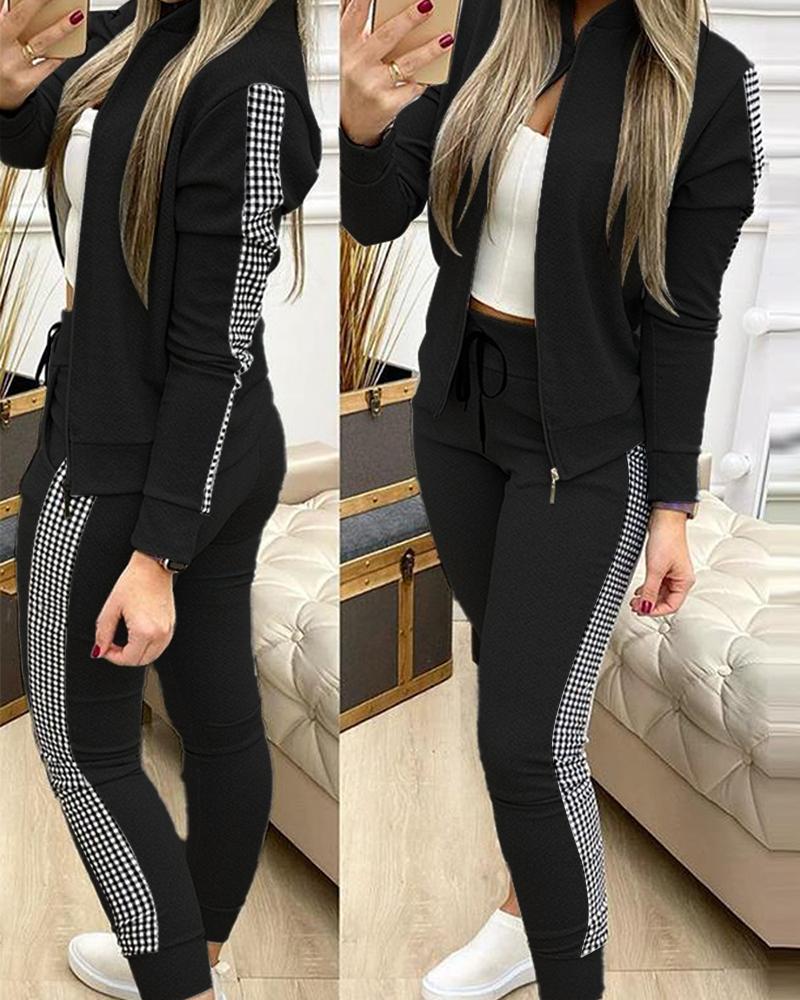

Contrast Plaid Jacket & Drawstring Pants Set, Black