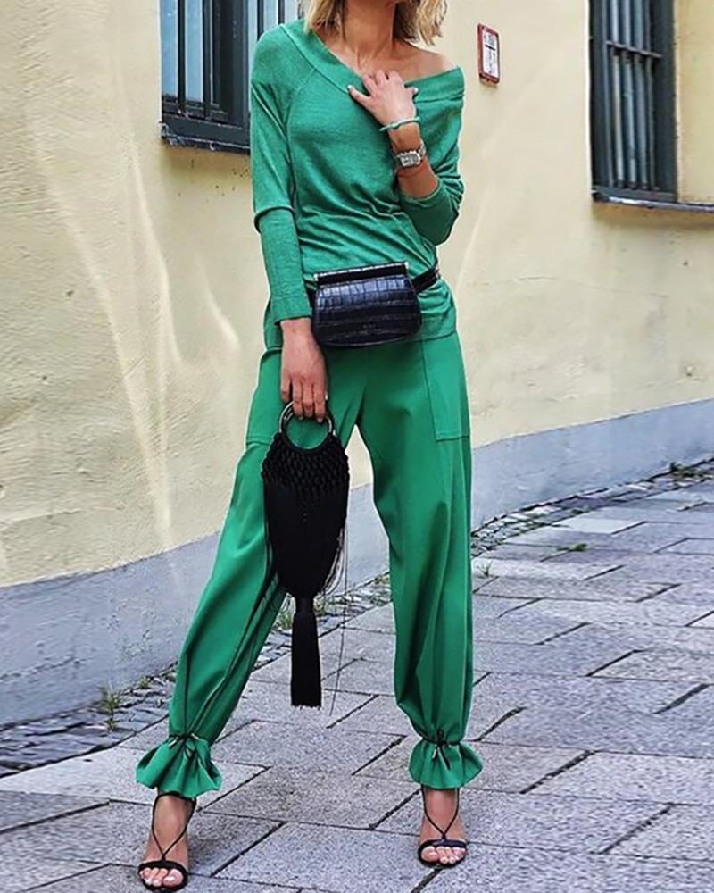 

Plain Long Sleeve Top & Cuffed Pants Set, Green