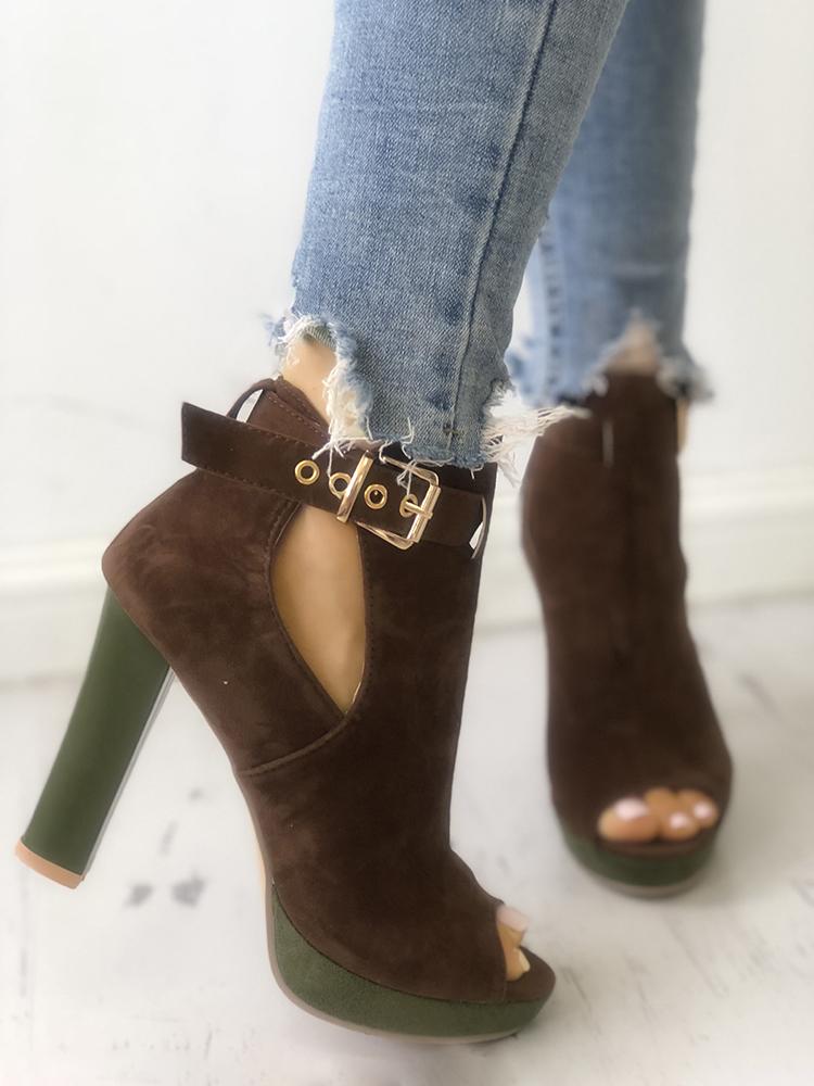 

Solid Suede Peep Toe Buckled Chunky Heels, Brown