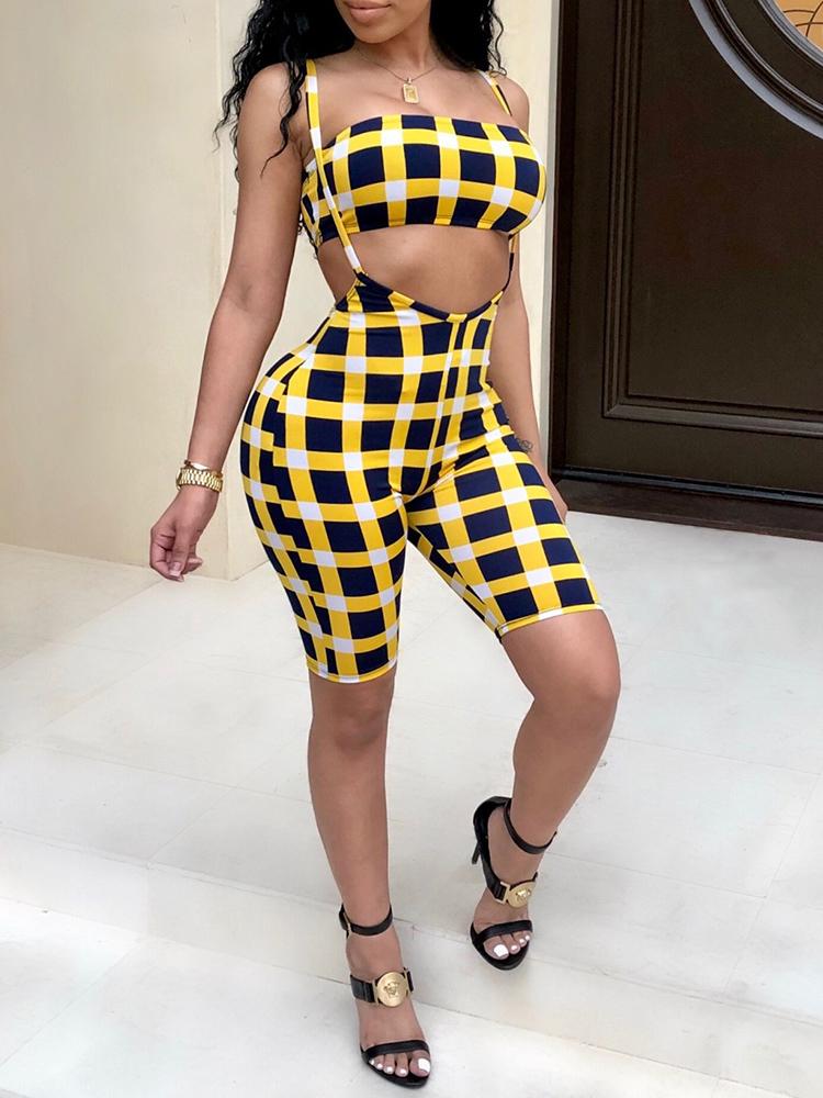 

Grid Print Bandeau Top With Suspender Pants, Yellow