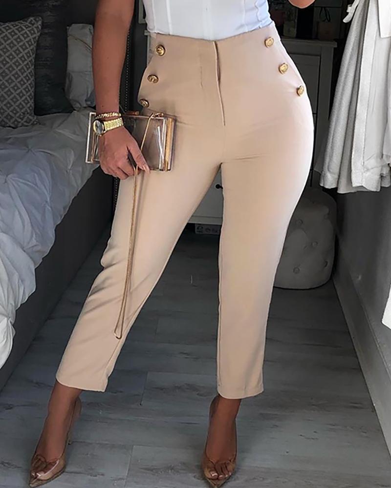 

Solid Buttoned Detail High Waist Slinky Pants, Apricot