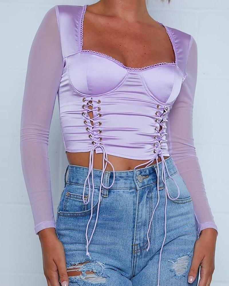 

Solid Patchwork Lace-Up Crop Top, Purple